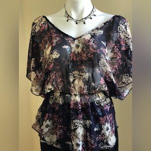 Rumors Sleeveless, Sheer Black/ Navy Blue, Floral Blouse Size small